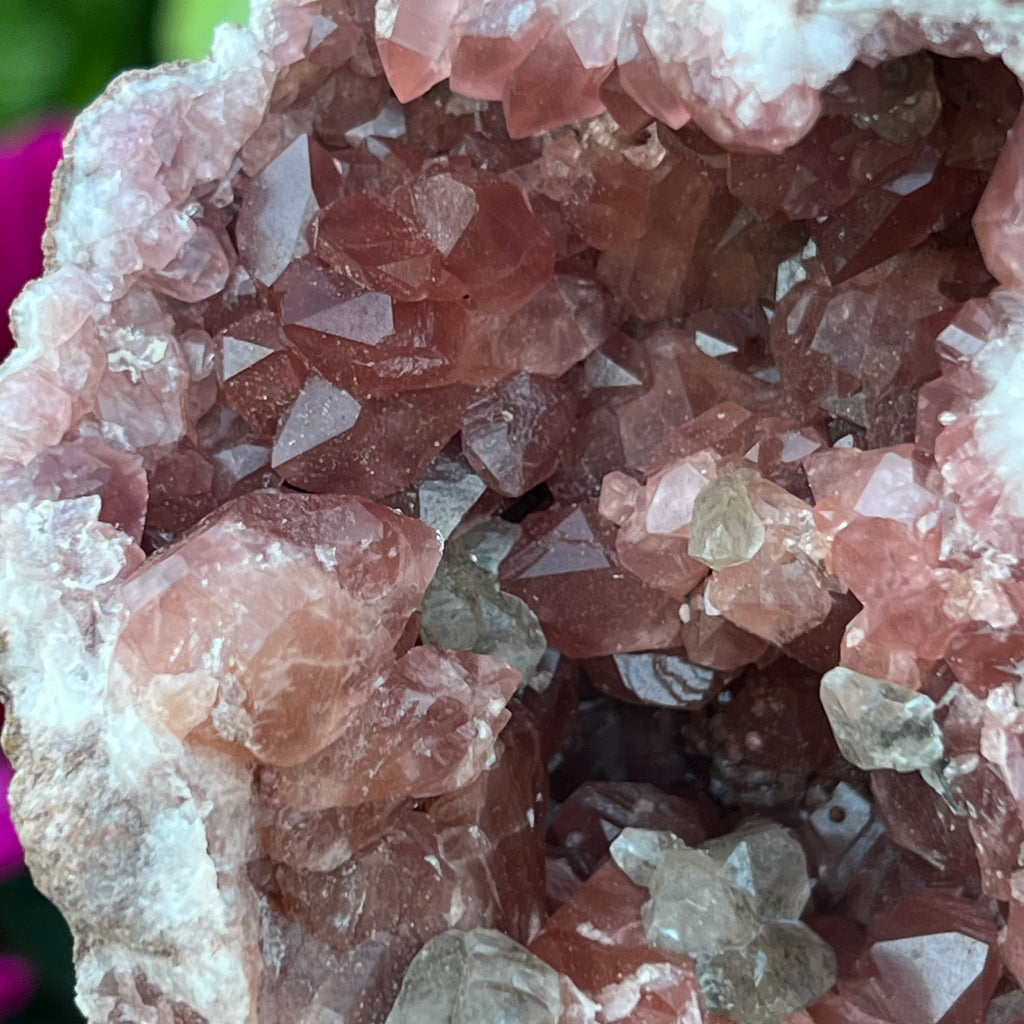 This a higher quality example of a Pink Amethyst and calcite Crystals Geode. For further details about the fascinating origin, discovery, peer reviewed study and why the appropriate name, Pink Amethyst, was applied to this occurrence of crystals, see the publication, The Mineralogical Record, March-April 2020, Vol. 51, No. 2.