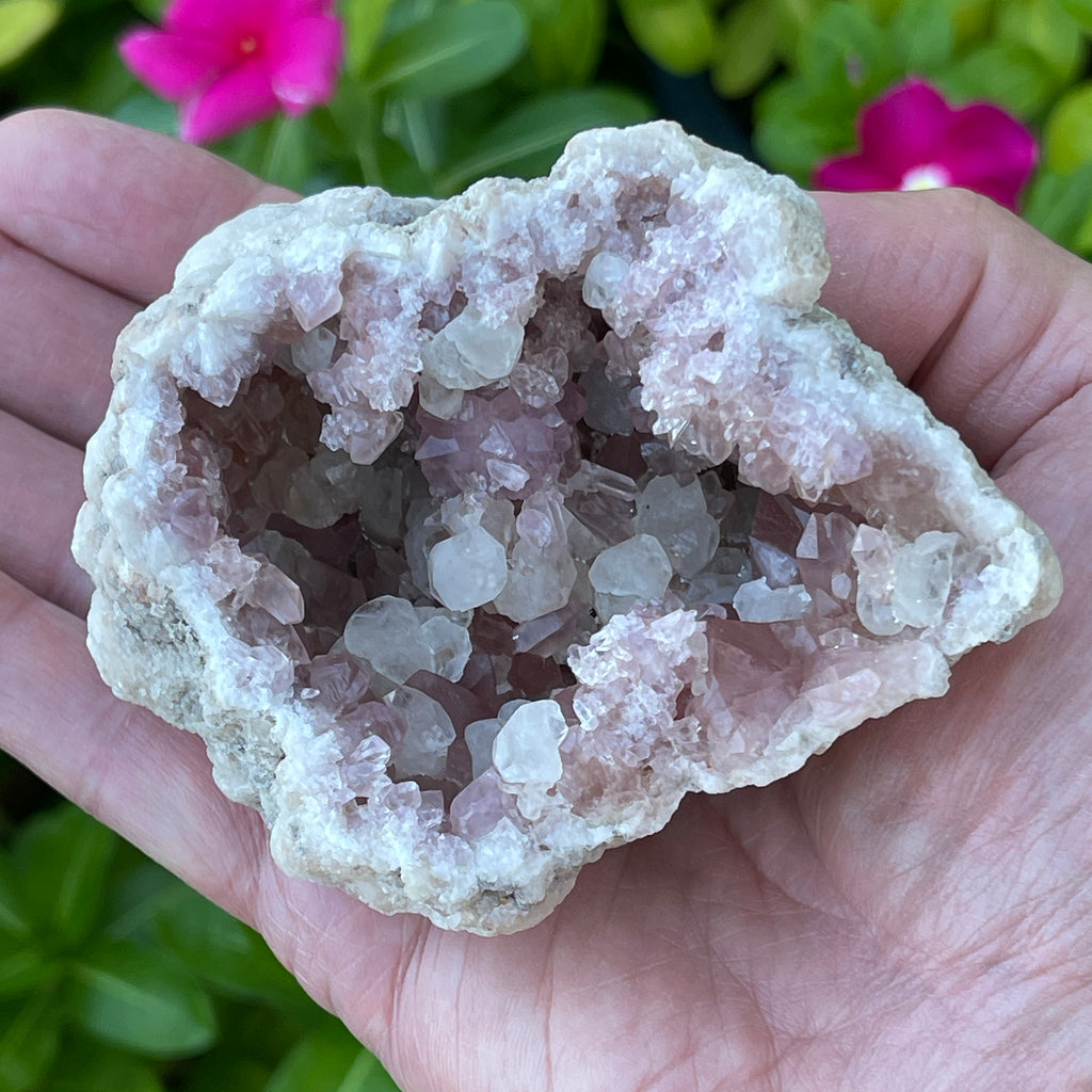 Definitely a larger size geode for Pink Amethyst, this one is weighty 462 grams whole with with both sides together and over 4 inches in width.