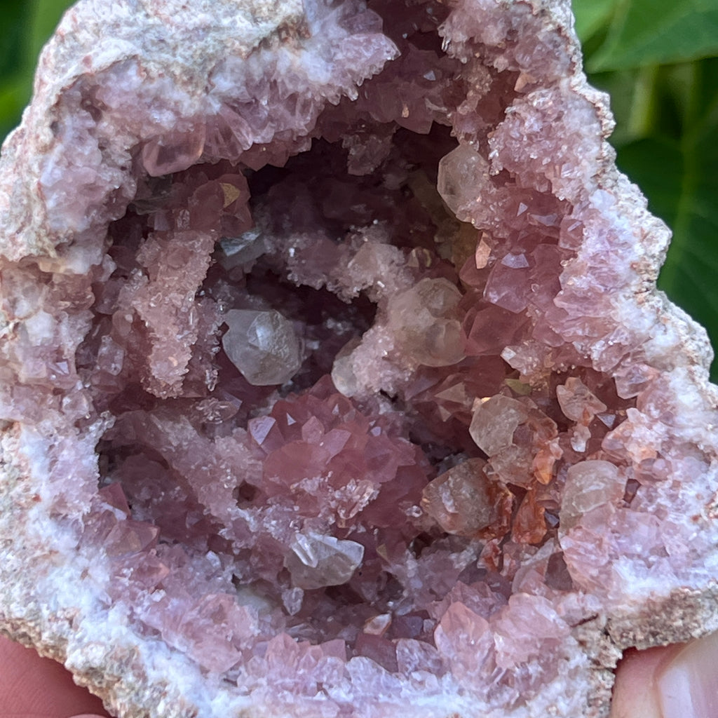 This is a special opportunity to receive both sides of an exceptional Pink Amethyst and Calcite crystals geode.  The larger side of the geode exhibits a gorgeous rosette formation with double-terminated Pink Amethyst nestled between nicely formed Calcite crystals.