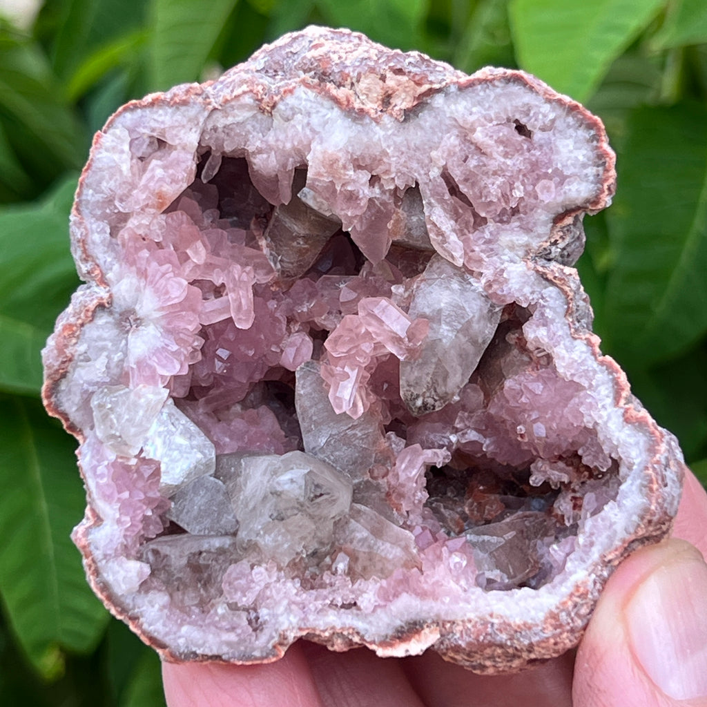 The smaller side of the geode presents with sensational stacks of Pink Amethyst crystals, many gemmy in quality, some double terminated, and more, interestingly shaped manganese included Calcite crystals.