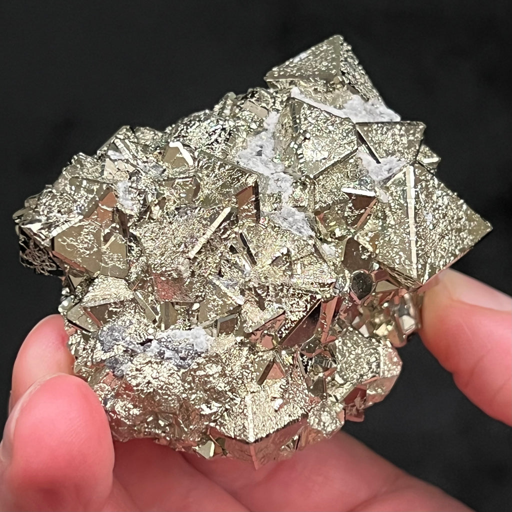 The source for this exceptional, extremely bright octahedral Pyrite crystals cluster with polycrystalline growth is the Huanzala Mine, Huallanca, Bolognesi Province, Ancash, Peru. 