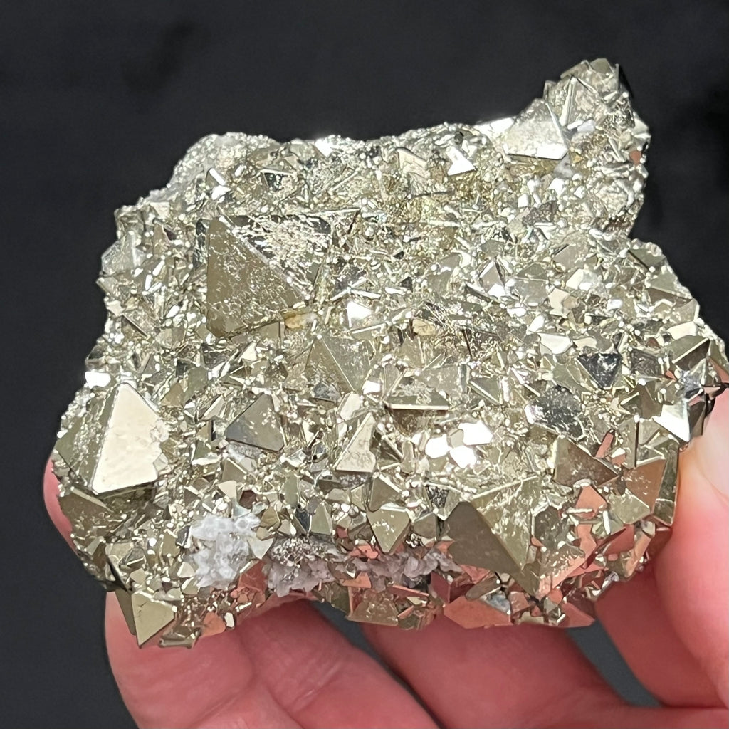 This is a sensational, super sparkly, quality octahedral Pyrite cluster with excellent, extremely bright silver metallic mirror luster, Quartz and Quartz var. Chalcedony between and on some of the crystals. 