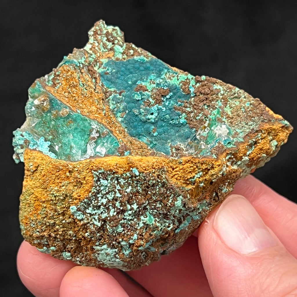 Here is another look at this beautiful Rosasite with Calcite on Limonite specimen from the Ojuela Mine, Mapimi Municipality, Durango, Mexico.