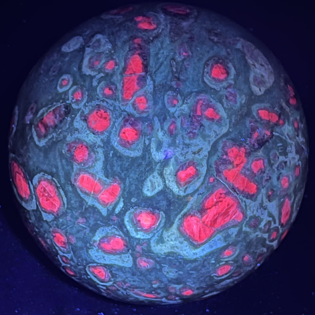 The rubies in this gorgeous Ruby Fuchsite with Kyanite sphere fluoresce a beautiful, bright hot pink under UV light.