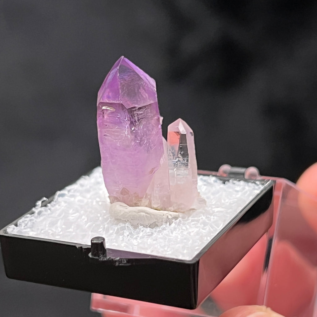 We love the aesthetic combination of these two Veracruz crystals that grew together. The source or location for this sensational Quartz variety Veracruz Amethyst is the Las Vigas de Ramirez Mine, Veracruz, Mexico.