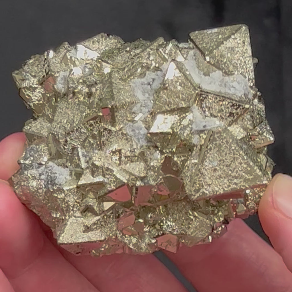 The terminations present with an intriguing, naturally occurring beveled structure and are not artificially altered in any way. The source for this exceptional, extremely bright octahedral Pyrite with polycrystalline growth is the Huanzala Mine, Huallanca, Bolognesi Province, Ancash, Peru.