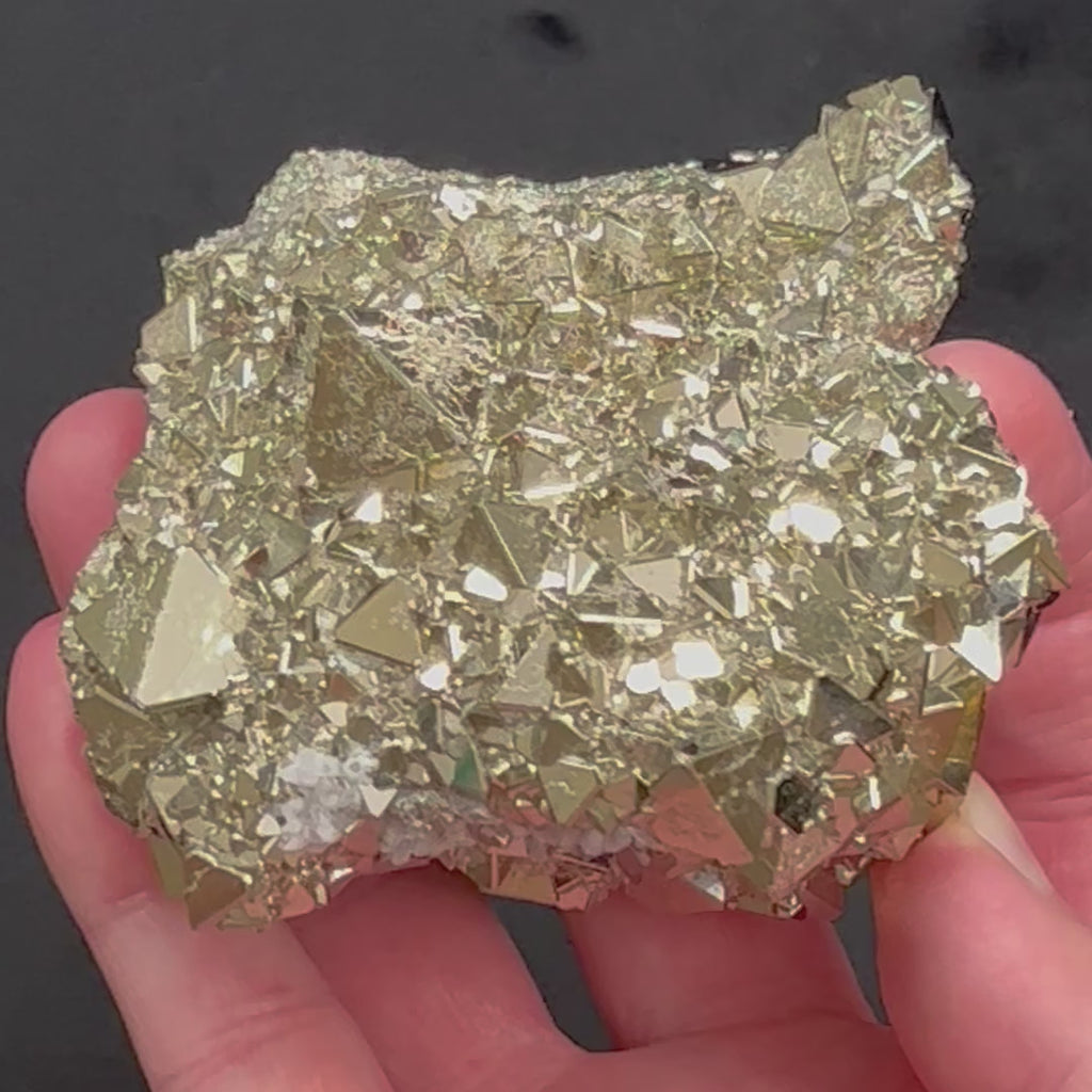 The source for this exceptional, extremely bright octahedral Pyrite crystals cluster with polycrystalline growth is the Huanzala Mine, Huallanca, Bolognesi Province, Ancash, Peru.