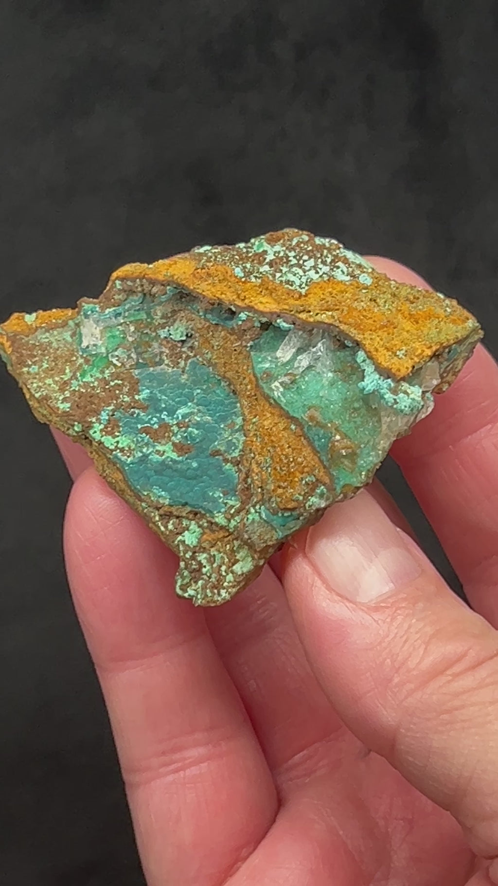 This sensational Rosasite with Calcite specimen is from the Ojuela Mine, Mapimi Municipality, Durango, Mexico. 