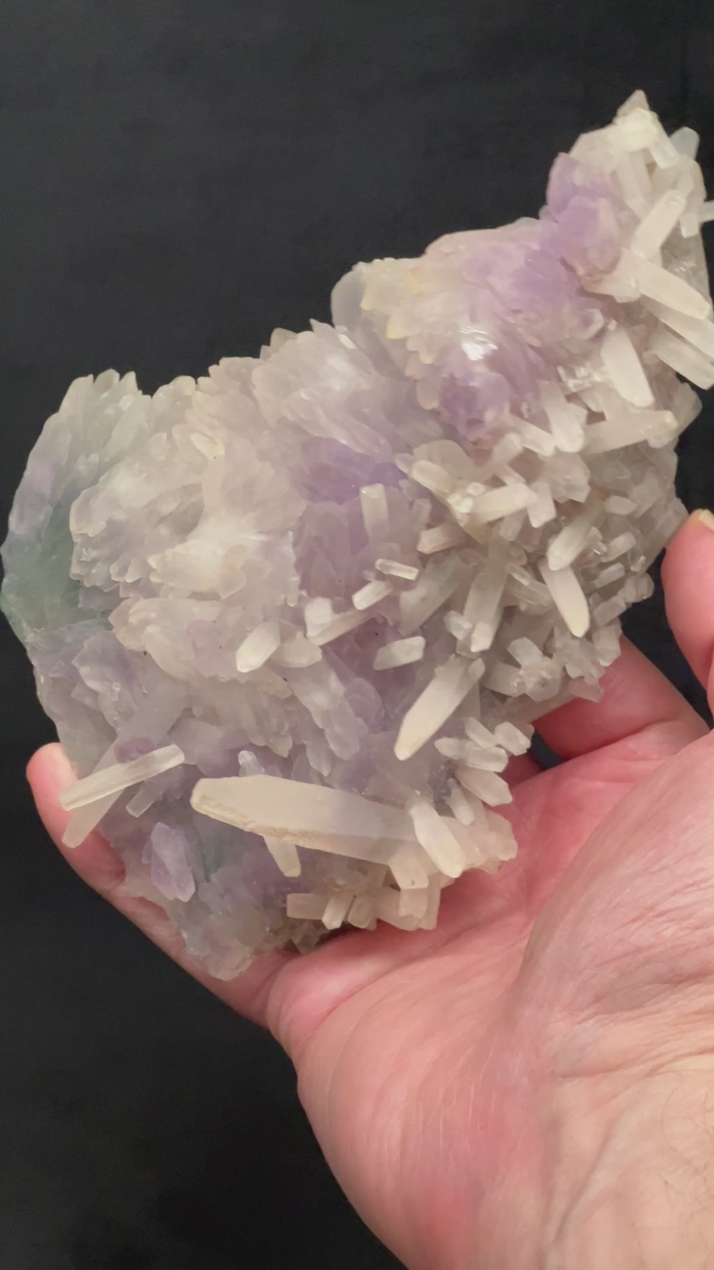 Given the size, unusual formation and presentation of the crystals, and the degree of difficulty to extract large specimens like this one, this is truly a less common, quality Amethyst Flower with elongated Calcite piece. An excellent one for your collection or to give as a gift.