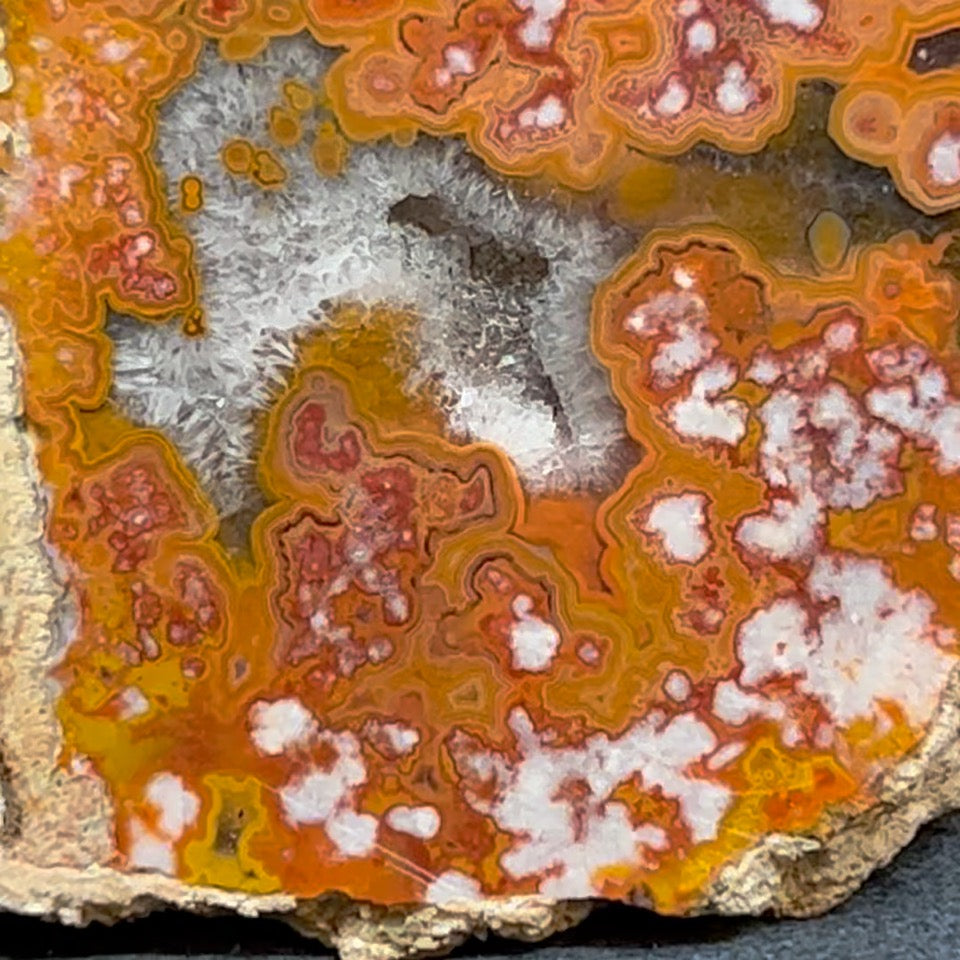 We love the complexity of the structures in this terrific Moroccan Agate, including the fascinating crystalline pockets and wildly patterned banding.