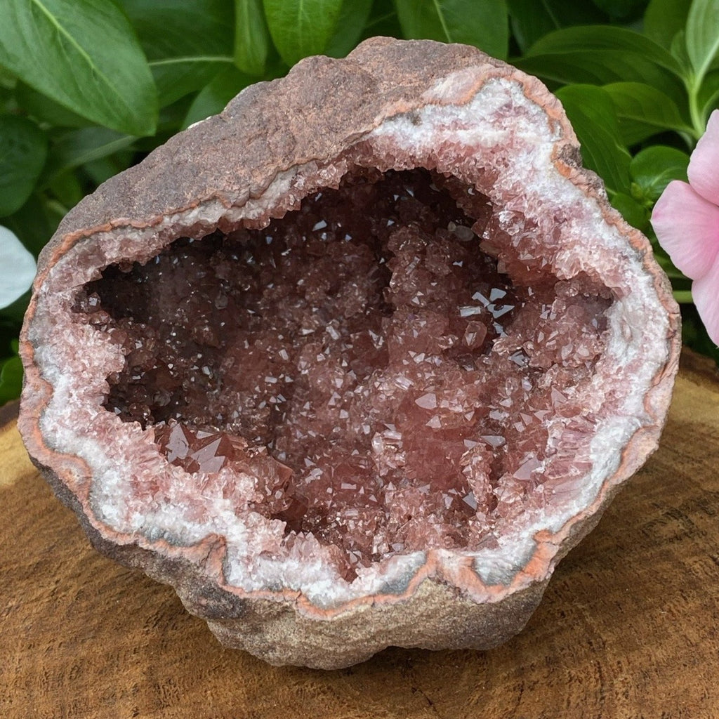 This is an exceptional Pink Amethyst Crystal Geode with gemmy, highly lustrous deep darker pink color.