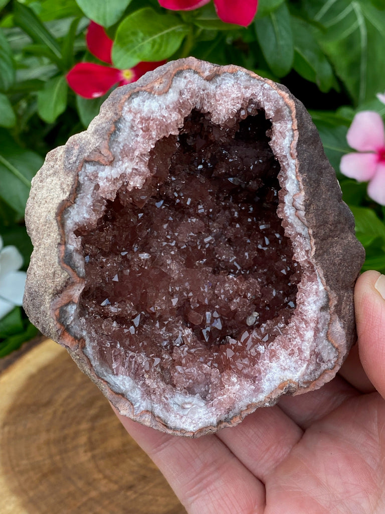 The play of the light that sparkles throughout this entire Pink Amethyst Crystals Geode as you move it in your hands is phenomenal! 