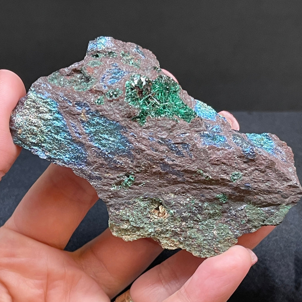 Stunning Brochantite with Chalcophyrite and great iridescence, two sided specimen that is simply beautiful.