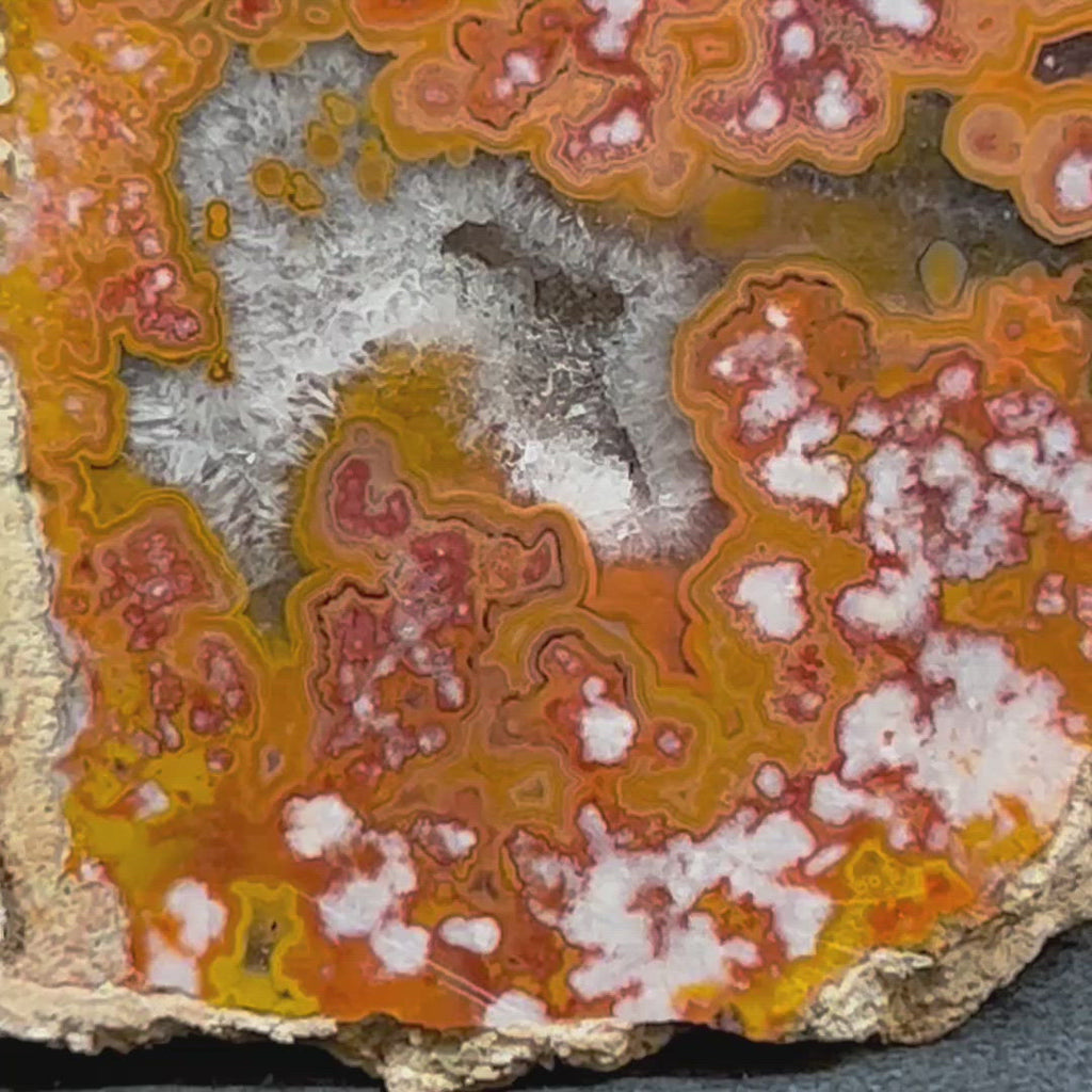 The wide ranging palette of colors this outstanding Moroccan Agate specimen presents include pink, yellow, orange, cream, brown and red hues.