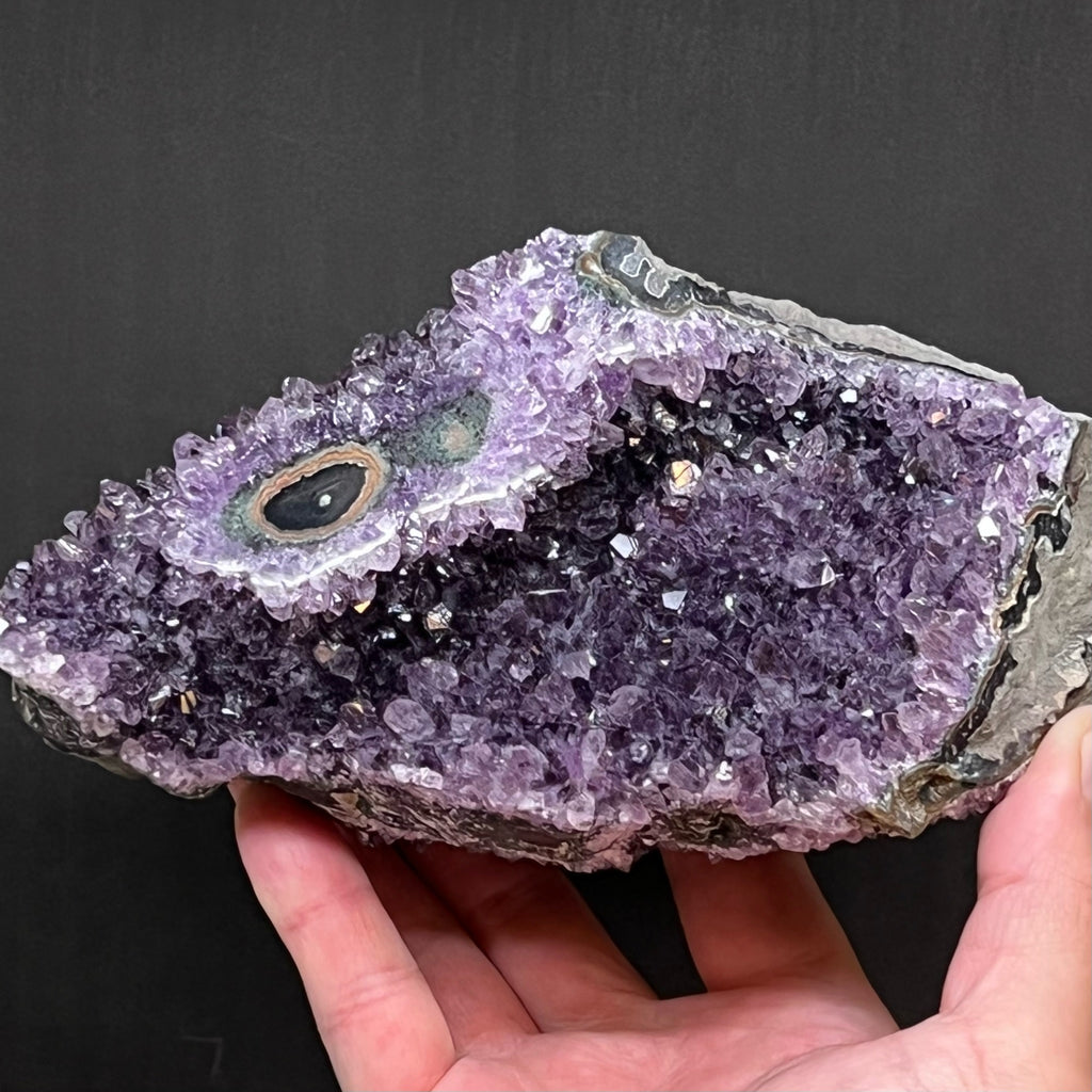 A higher quality, eye popping Amethyst Flower Eye specimen, showing amethyst crystals on many sides of the piece; will be a fine addition to your collection and home decor.