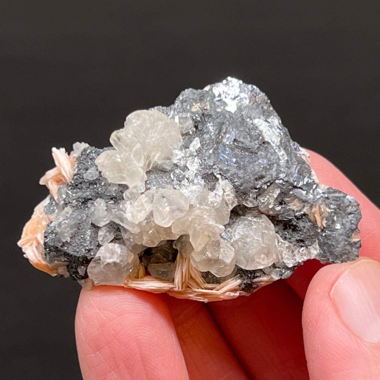This is a superb specimen, showing multiple examples of twinning translucent Cerussite crystals amongst blades of orange-pink Barite growing on Galena from the Les Dalles Mine in Morocco.