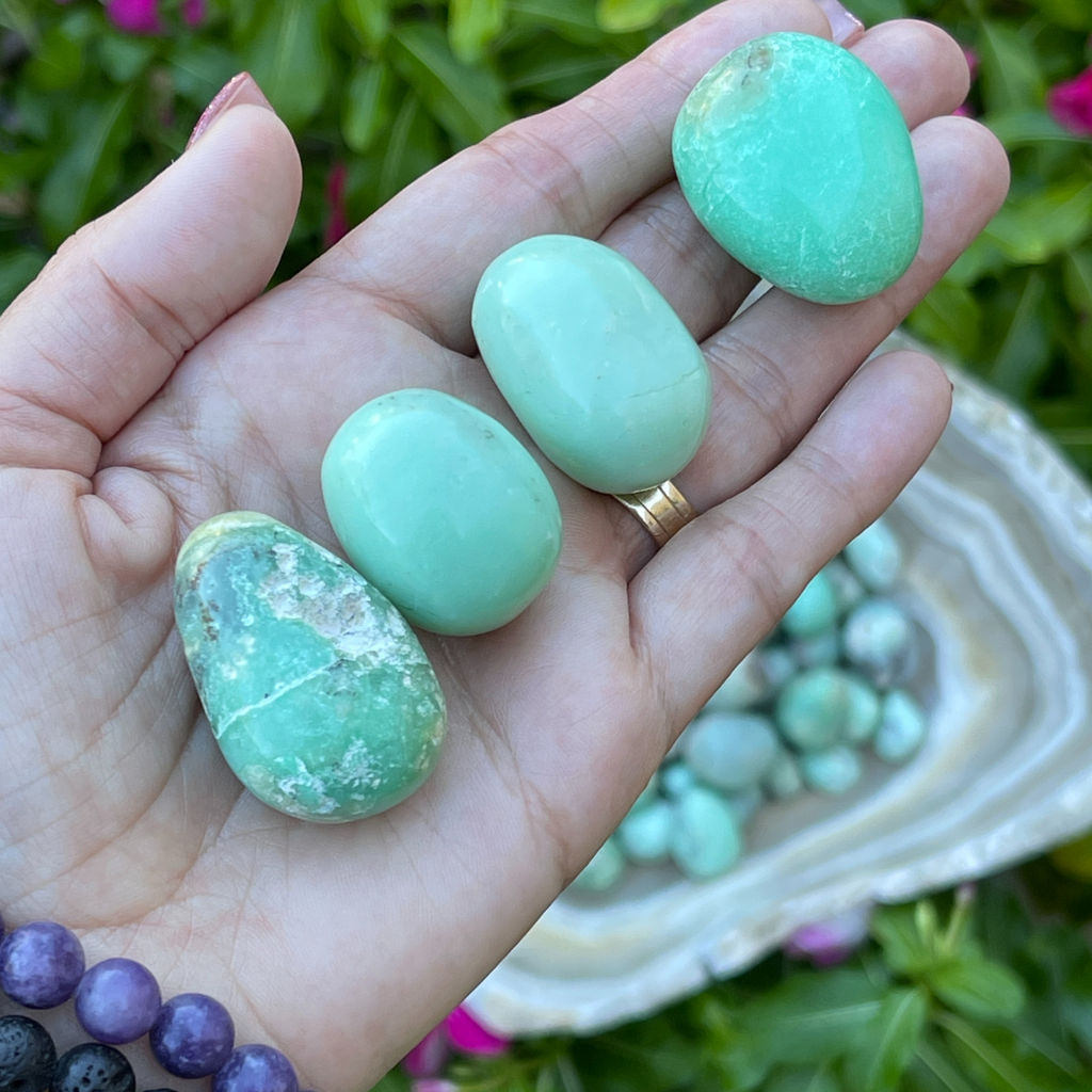 Chrysoprase polished tumbled smooth stones 4 fit in the palm of hand.