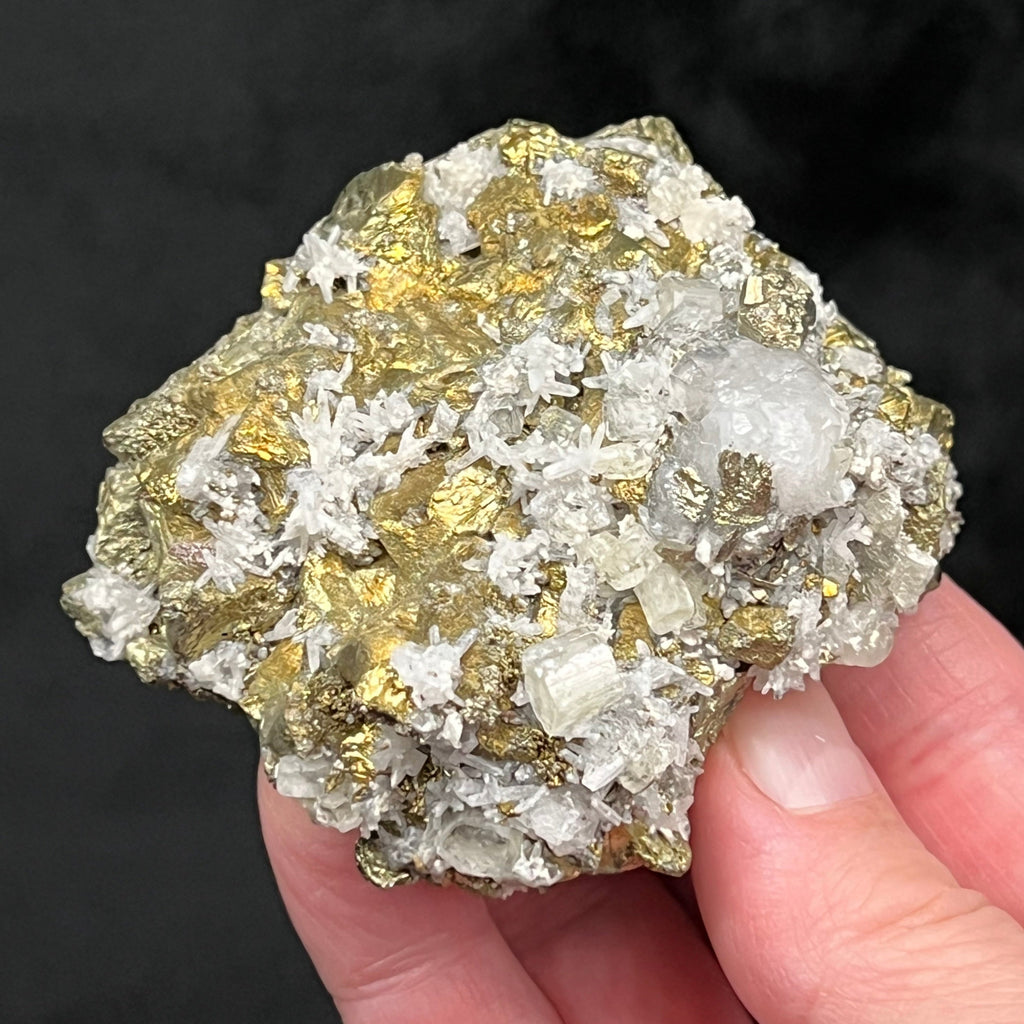 This is a very beautiful example of hexagonal Fluorapatite crystals nestled amongst Calcite and needle Quartz, perched on lustrous, brassy, golden Chalcopyrite growing on bright Pyrite.