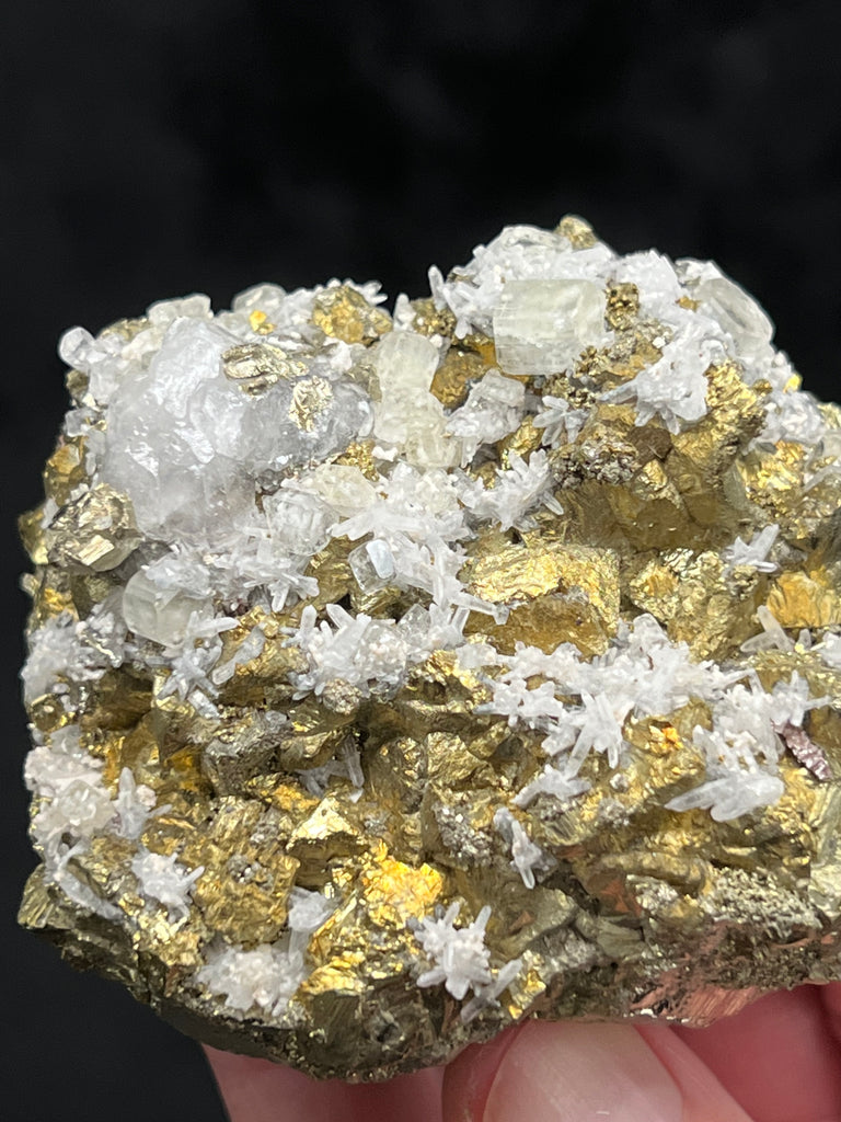 Apatite var. Fluorapatite with Calcite, Brassy Golden Chalcopyrite, Pyrite, and Quartz from Peru. 