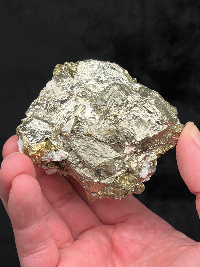 Apatite var. Fluorapatite with Calcite Golden Chalcopyrite, Pyrite, and Quartz from Peru.