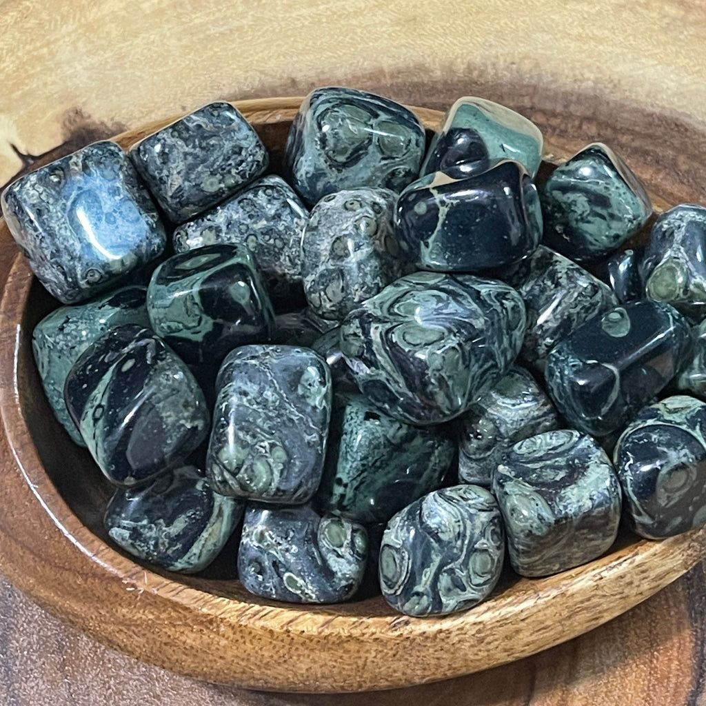 Beautiful Kamababa Jasper with swirls and orbs in black and green. Tumbled polished stones.