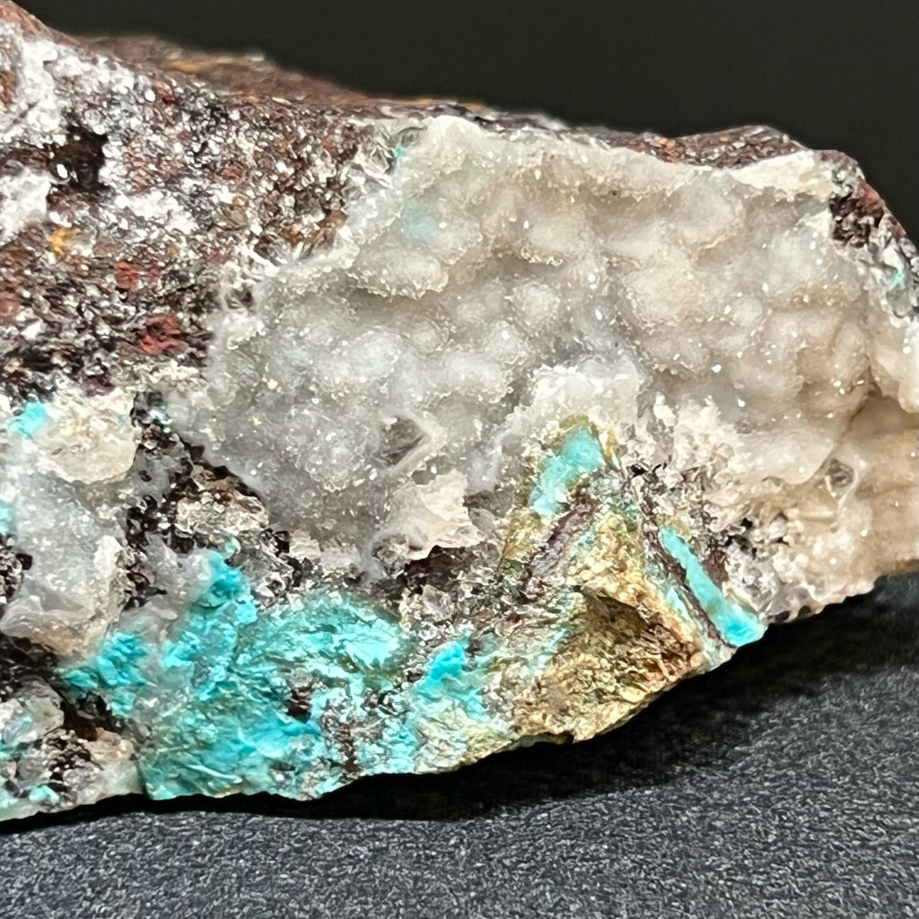 The source for this terrific Chrysocolla coated with Botryoidal Quartz var. Chalcedony Druzy is the Lily Mine or Lilly Mine, Humay District, Pisco Province, Ica, Peru.  