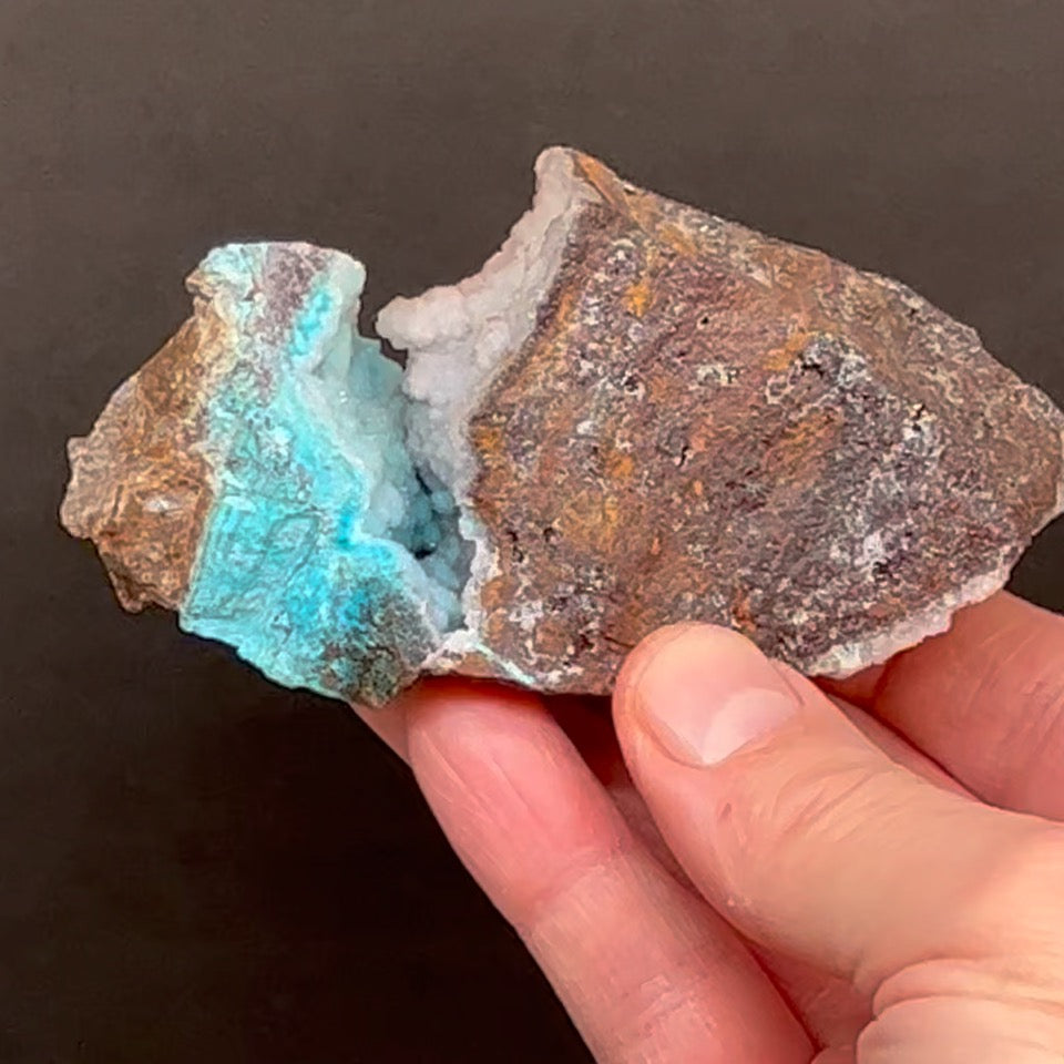The sensational blue Chrysocolla presents in one side of a wedge shaped pocket covered or coated with a sparkly botryoidal Quartz var. Chalcedony Druzy, as a vein through matrix, and on the exterior of the specimen.