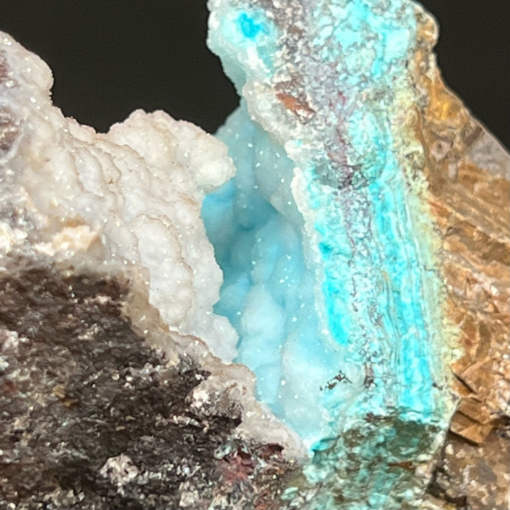 This very desirable Chrysocolla Botryoidal Quartz var. Chalcedony Druzy specimen from the Lily Mine, Ica, Peru weighs 239 grams and measures  4.17" x 1.69" x 2.16" or 105.9mm x 42.9mm x 54.9mm. 