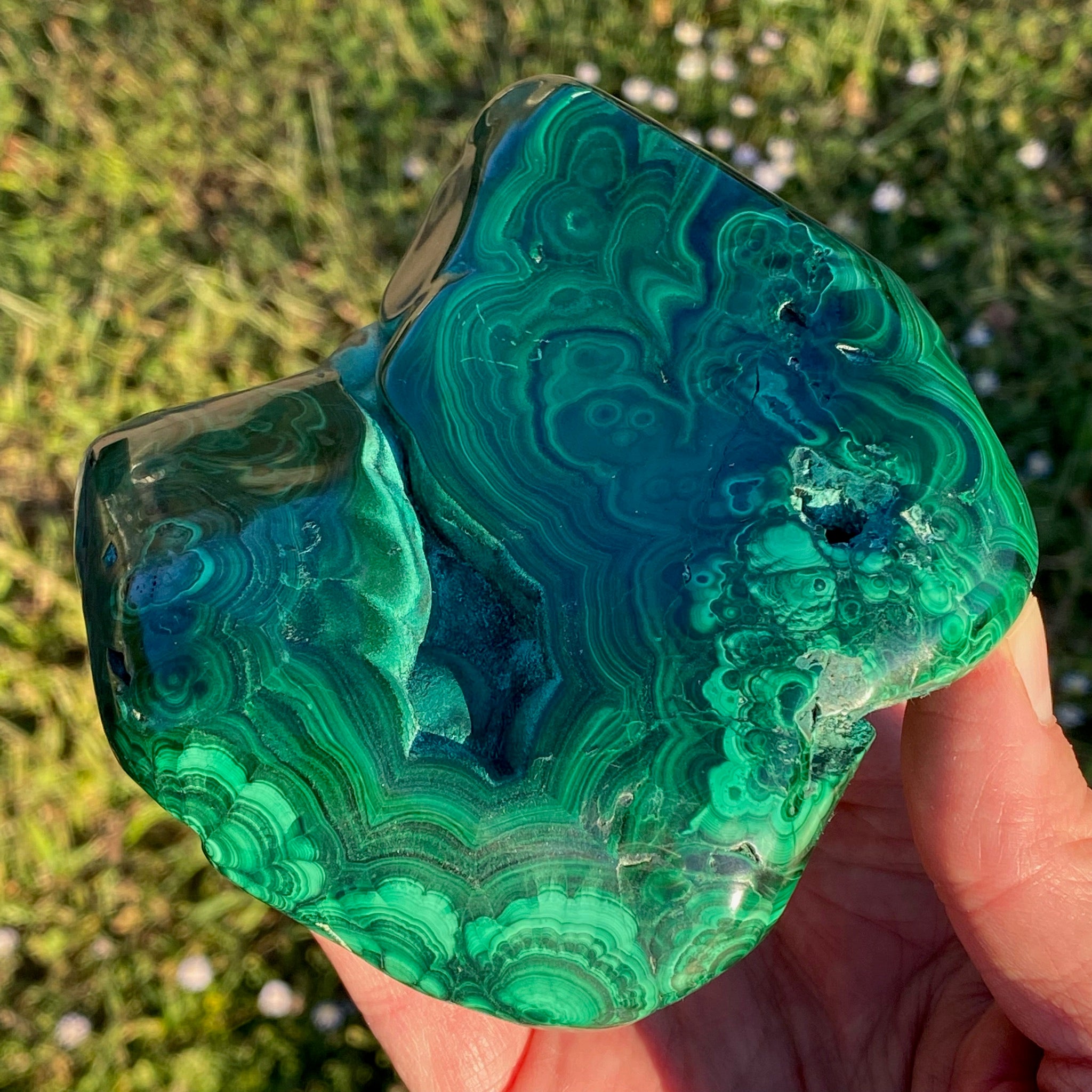 Exceptional Large Malachite High Quality Deep Green Color Banding Eyes 964 grams
