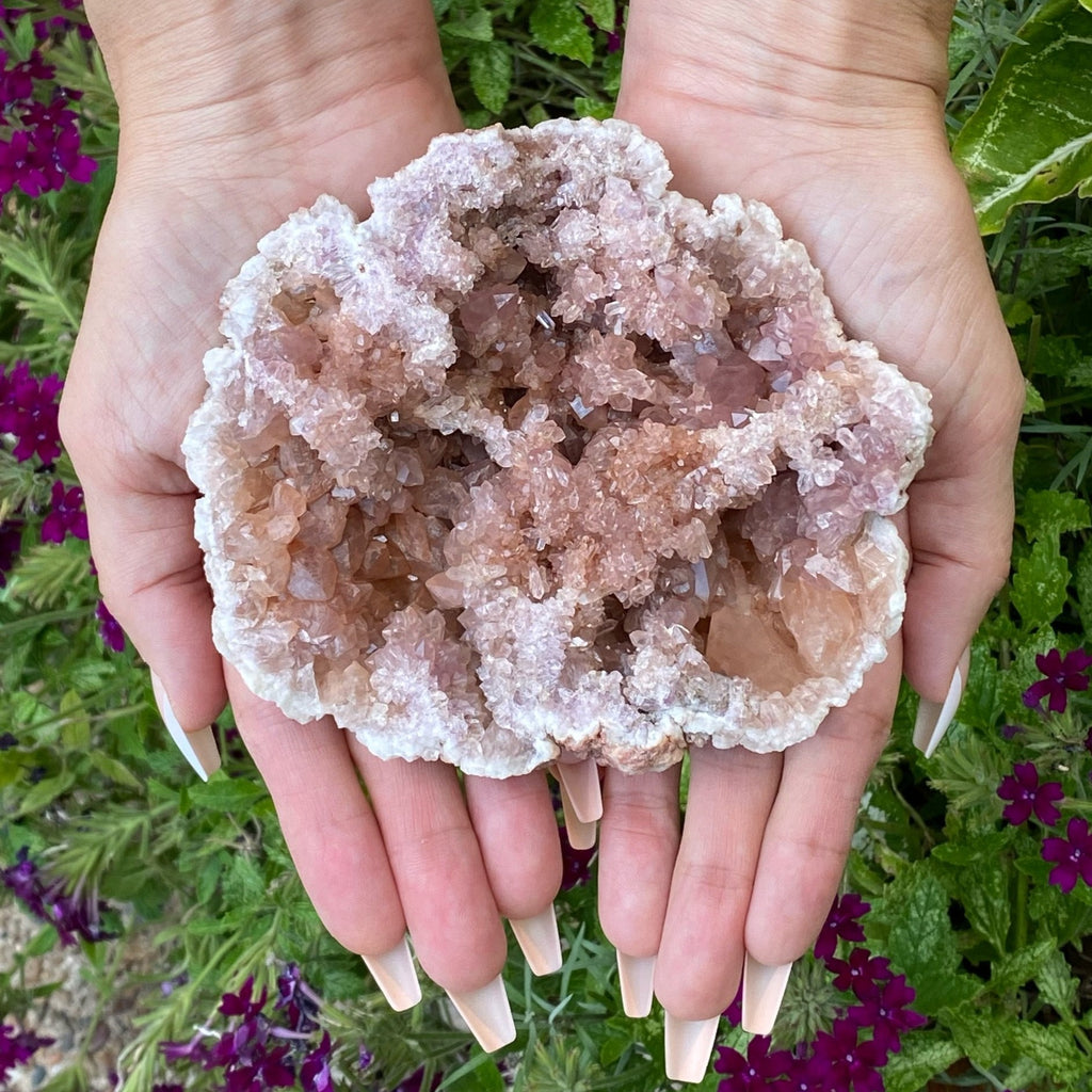 At just under an amazing 5 inches in size, this is a very large, truly glorious, beautiful, symmetrically pleasing Pink Amethyst geode specimen with many dazzling, high sparkle crystal formations.