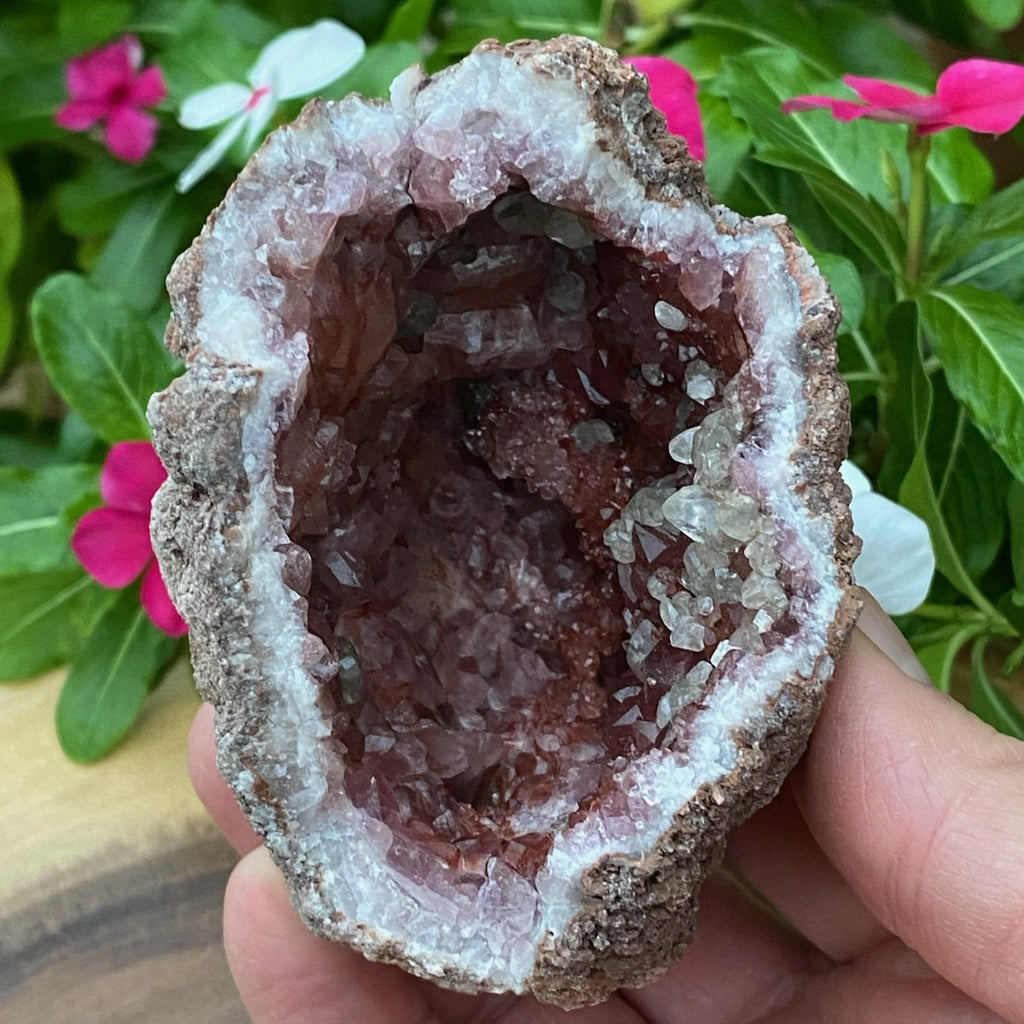 A terrific bridge formation of druzy-like crystals displays in the deepest area of this Pink Amethyst Crystals Geode.