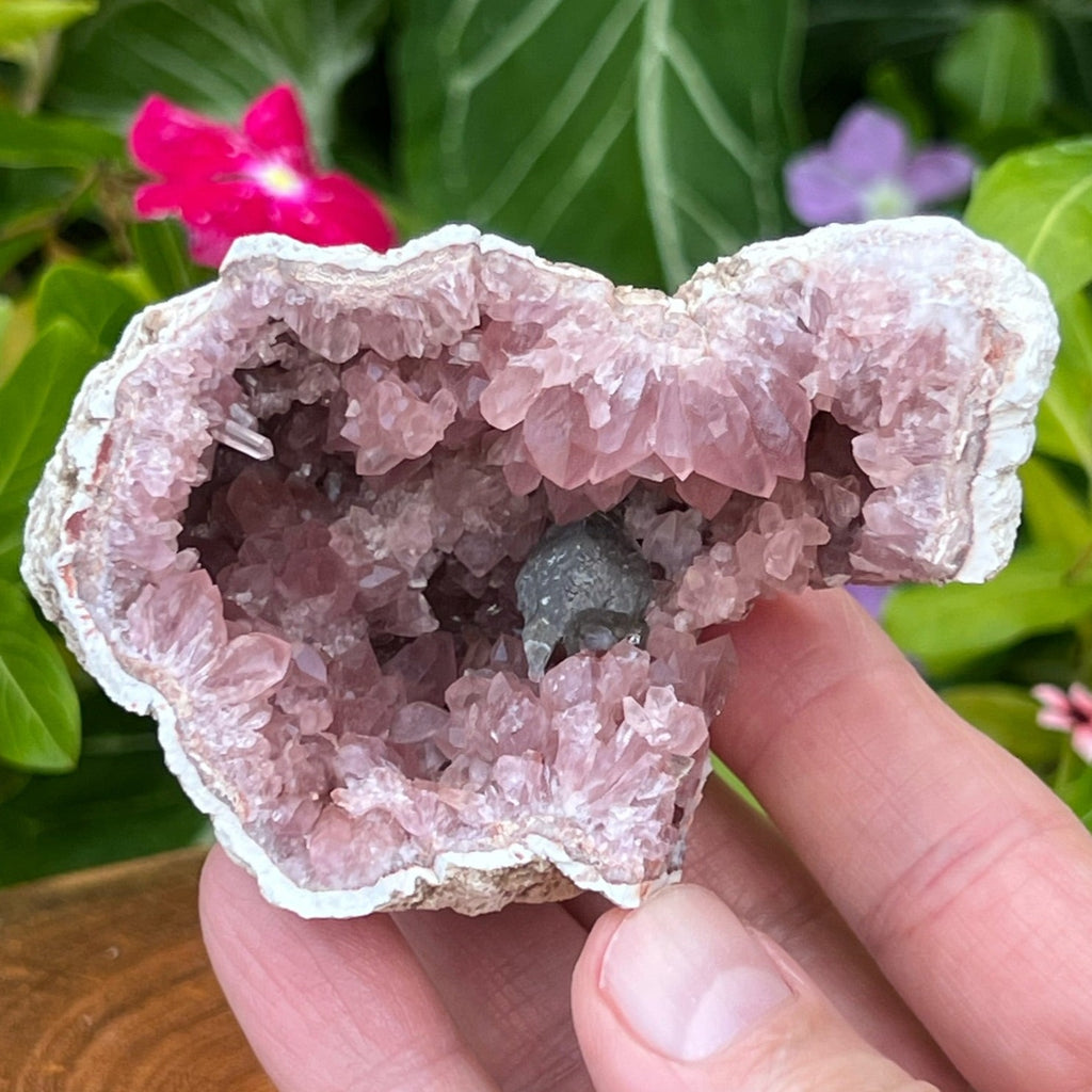 The terrifically formed manganese glazed Calcite crystals display as a captivating unusual feature to this Pink Amethyst specimen. 