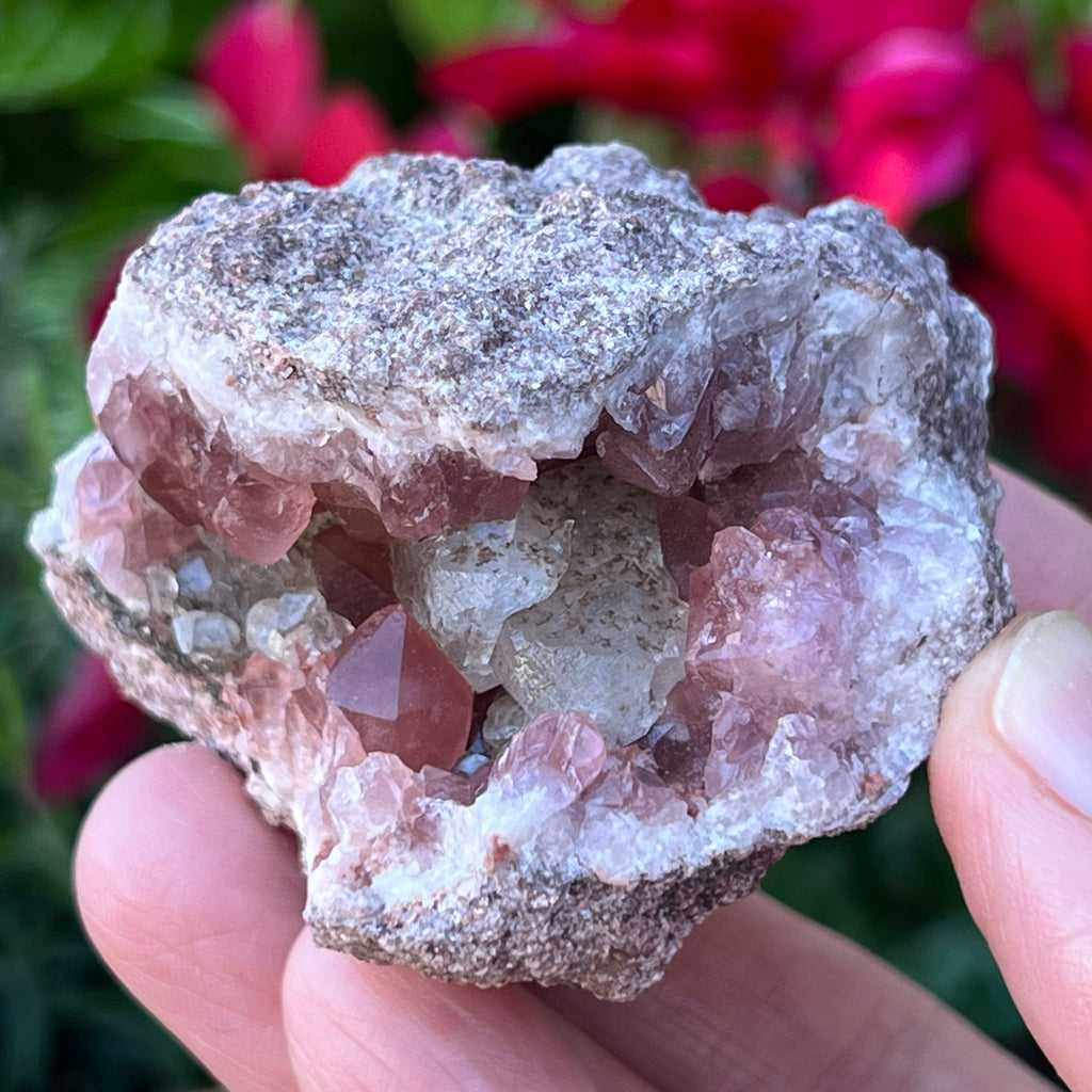 This is a quality, sandwich seam-like, beautiful Pink Amethyst Crystals Geode specimen featuring deep, dark pink color and fascinating calcite crystals that appear almost twinning in presentation though are more likely cool parallel growth.