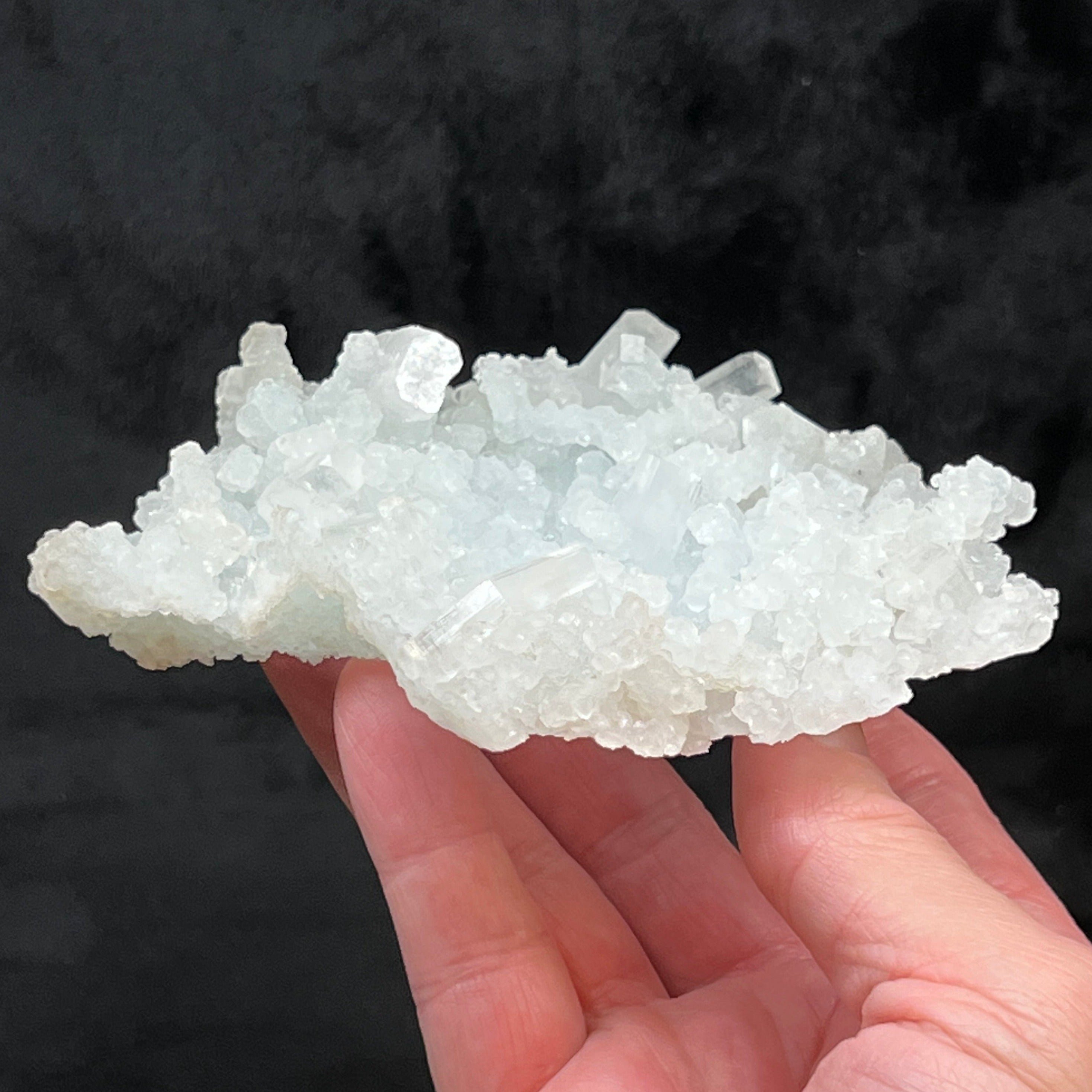 This fine Prehnite pseudomorph after Laumontite specimen features fascinating finger-like stalks, some stalactite-like, of pale, light blue-green Prehnite. 