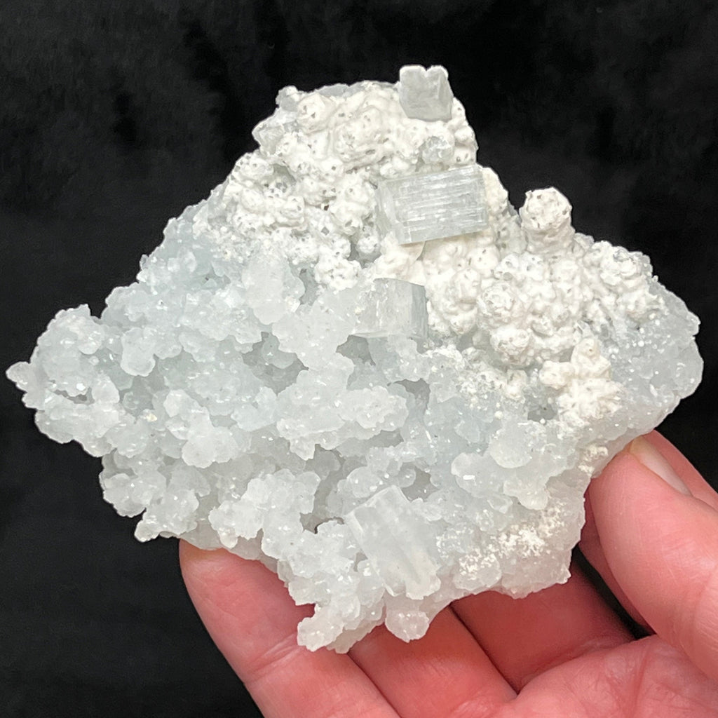 This is a terrific Prehnite pseudomorph after Laumontite specimen with translucent, lustrous, rectangular Apophyllite crystals and a layer of snowy looking, silky Mordenite.
