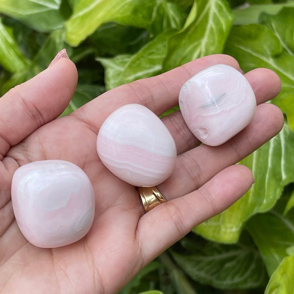 Beautiful soft pink Mangano Calcite tumbled stones. Three pieces shown in hand.