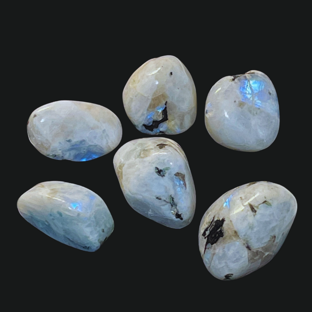 Rainbow Moonstone polished tumbled stones with blue fluroscense.