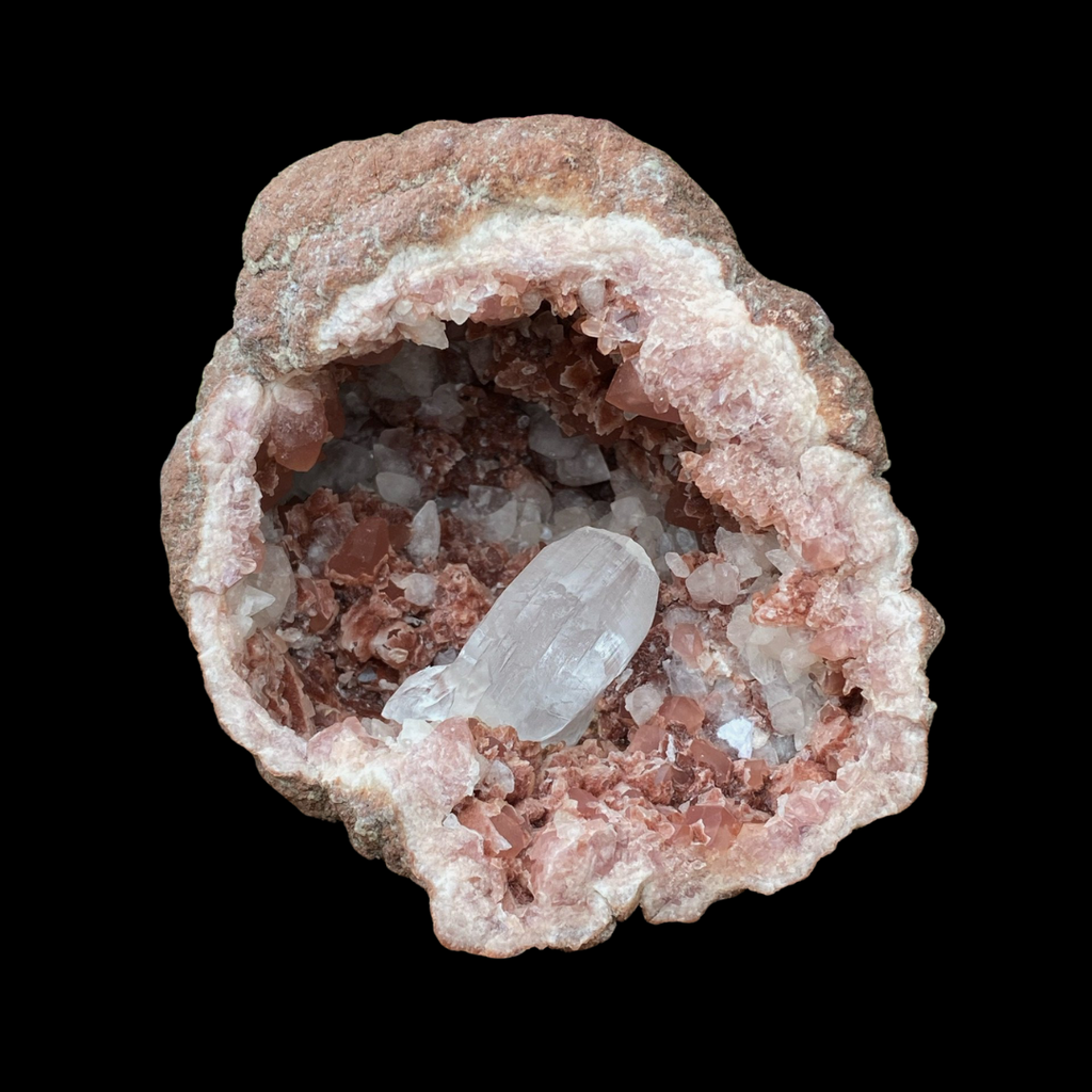 This is a rare, quality Pink Amethyst Crystals Geode with an extraordinary occurrence of Calcite. 
