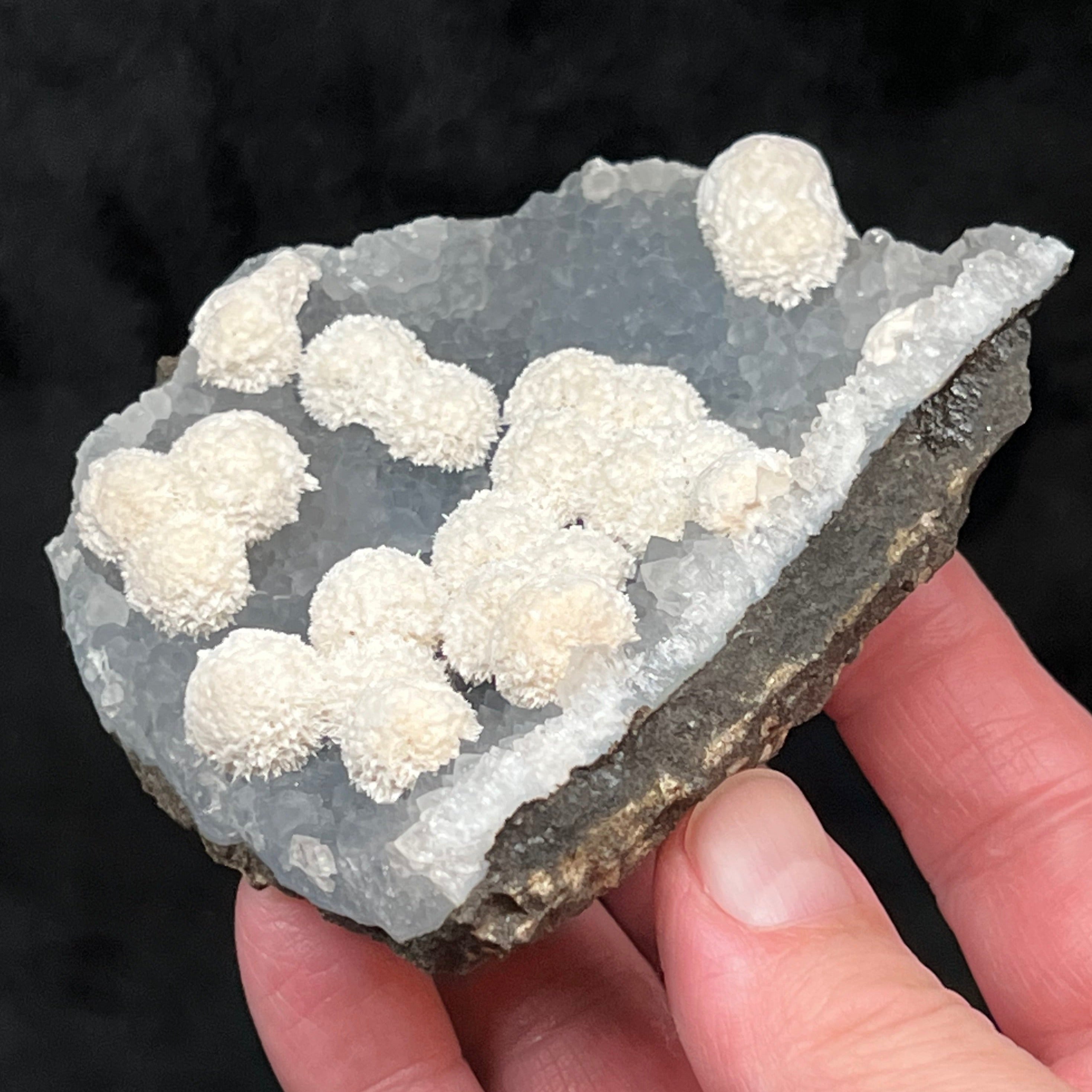 Mordenite Radiating Snowball Like Crystals on Blue-Gray Quartz 265g
