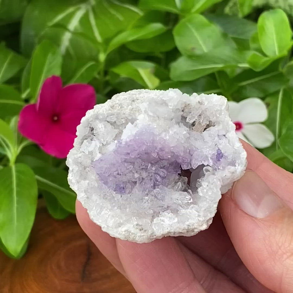 This sparkling Spirit Flower Geode weighs 55 grams and measures 1.81" x 1.41" x 1.96" or 46.1mm x 35.9mm x 49.9mm deep. 