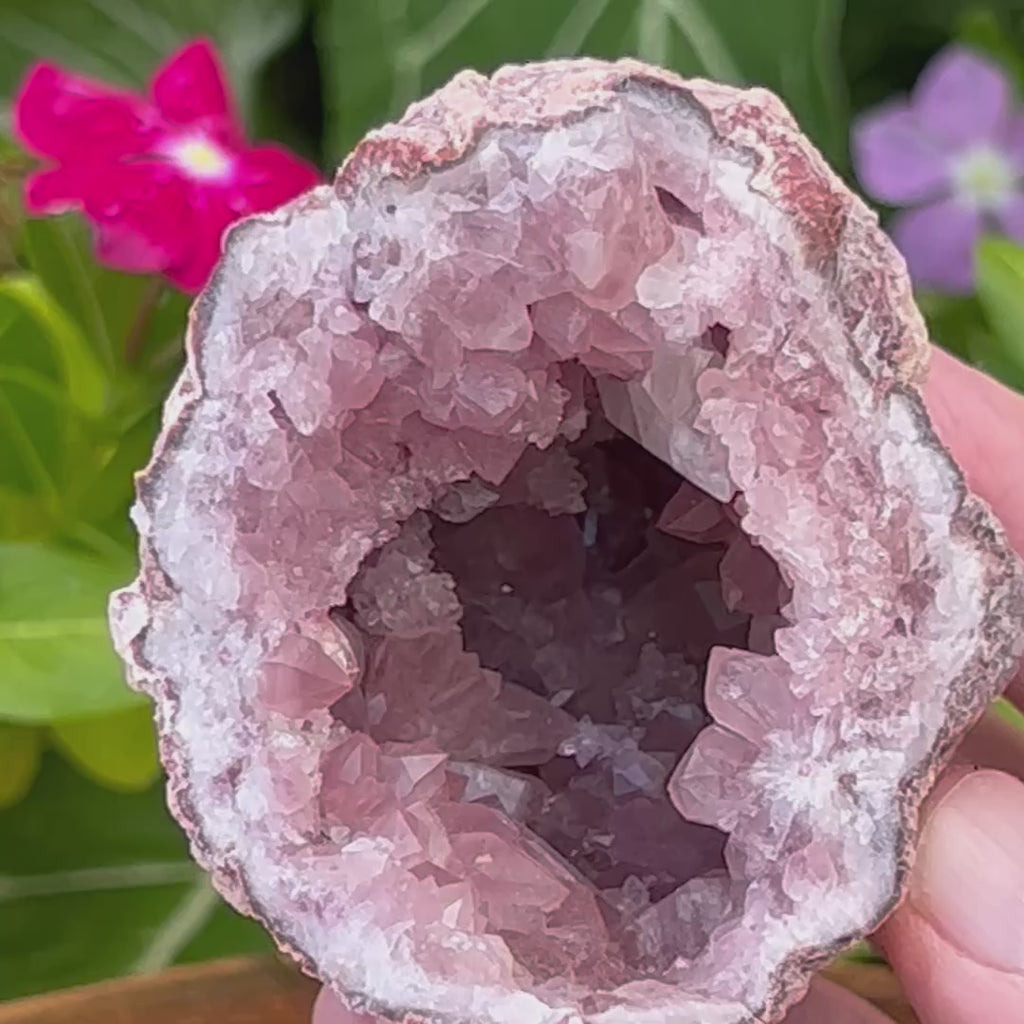 As you move this geode in your hand to explore the incredible features of this Pink Amethyst Geode, both satin and lustrous faces on the crystals cause this specimen to display with flashes of light dancing off the crystals, including those crystals deep in the pocket.